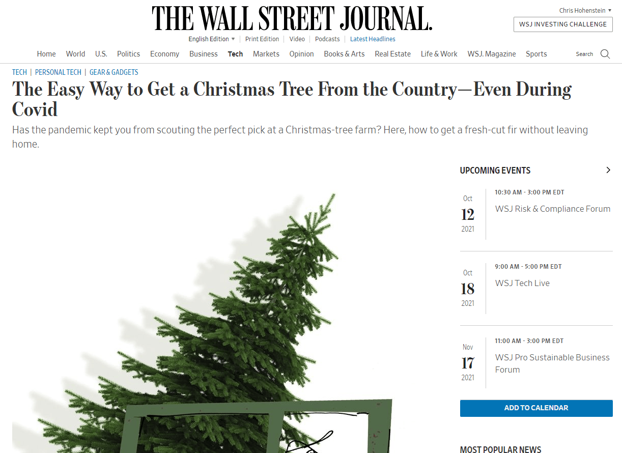 Wall Street Journal 12/9/20 - City Tree Delivery - Chicagoland Christmas Tree Delivery